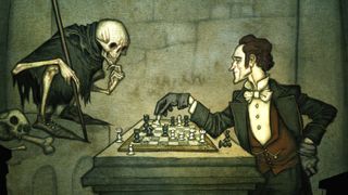 Vaesen interior art of a skeleton and man playing chess