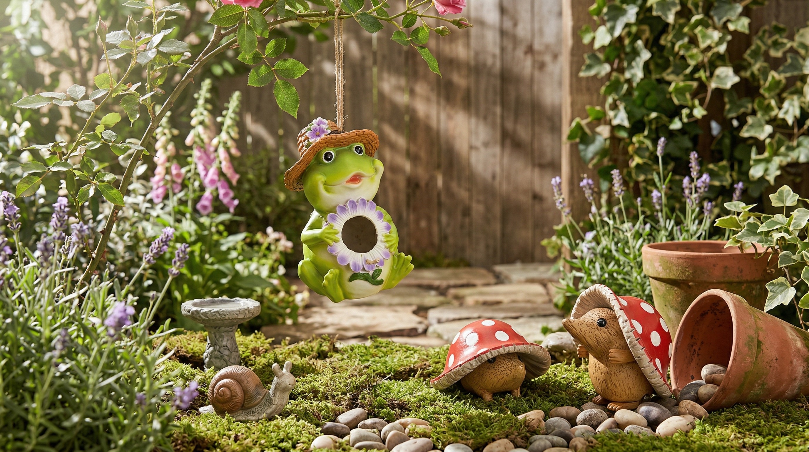 Frog and hedgehog figurines in garden.