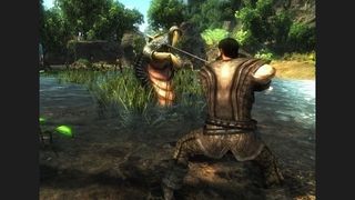 A man about to shoot a giant snake-thing in a swamp