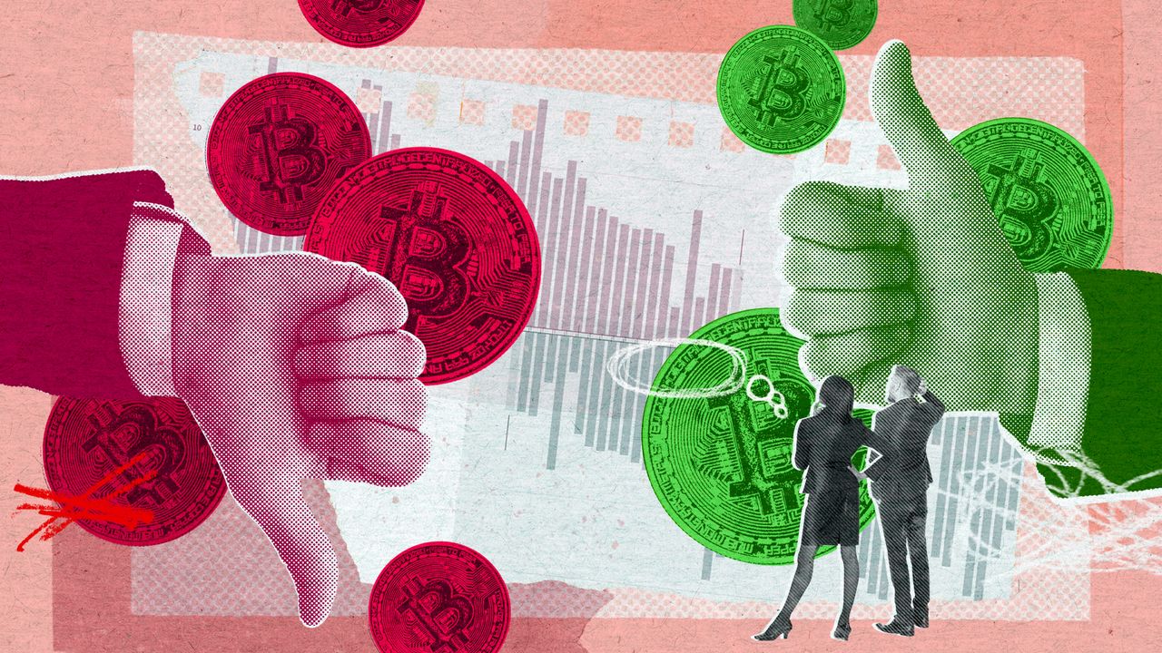 Illustration representing cryptocurrency investments, with a red hand giving a thumbs down opposite a green hand giving a thumbs up, and bitcoins floating in the background