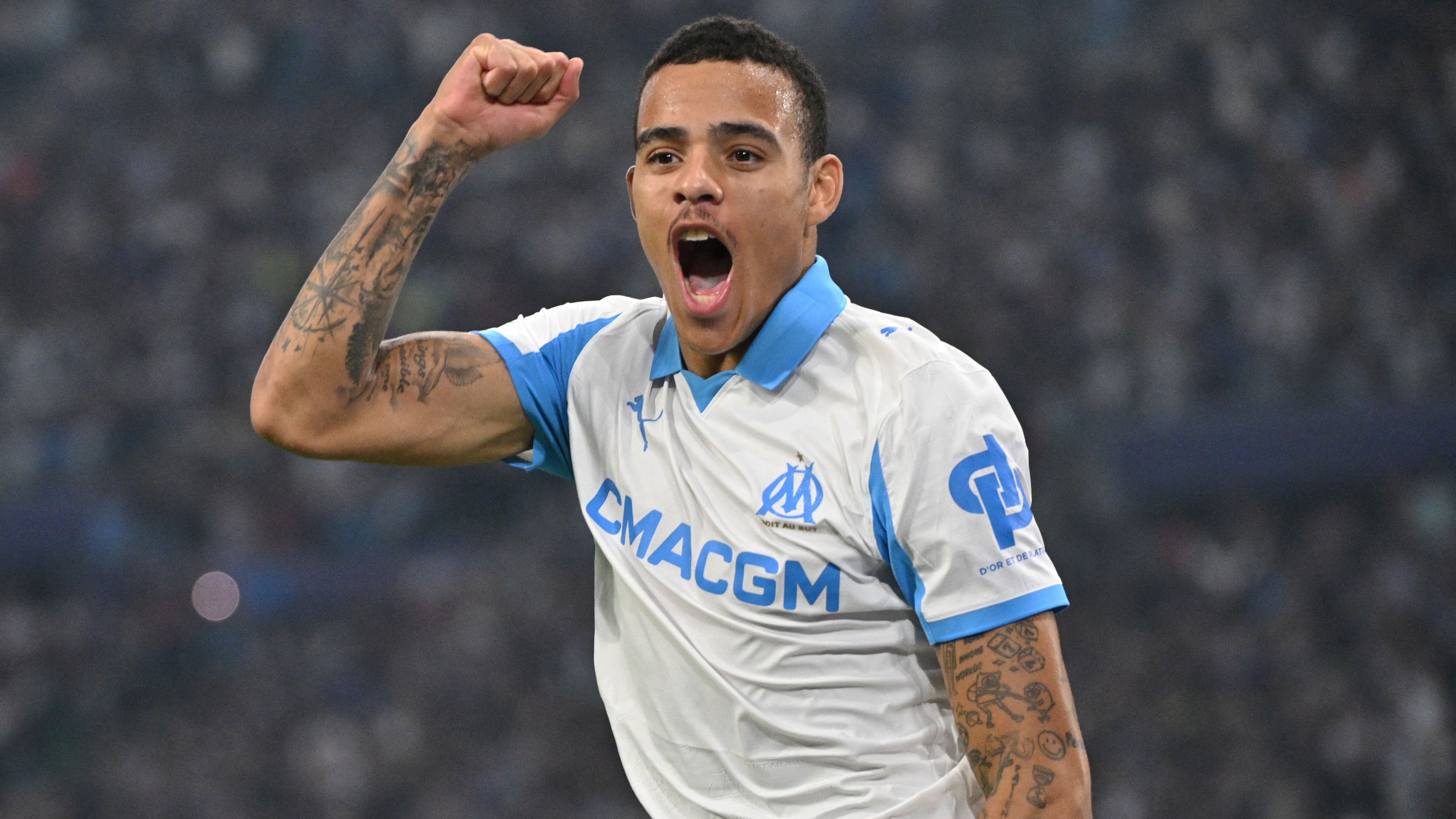 Marseille&#039;s English forward #10 Mason Greenwood celebrates scoring his team&#039;s third goal during the UEFA Champions League, league phase day 2, football match between Olympique de Marseille (FRA) and AFC Ajax (NED) at the Velodrome stadium, in Marseille on September 30, 2025. 