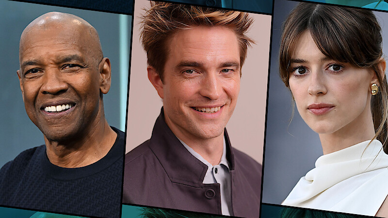 Headshots of Denzel Washington, Robert Pattinson, and Daisy Edgar-Jones