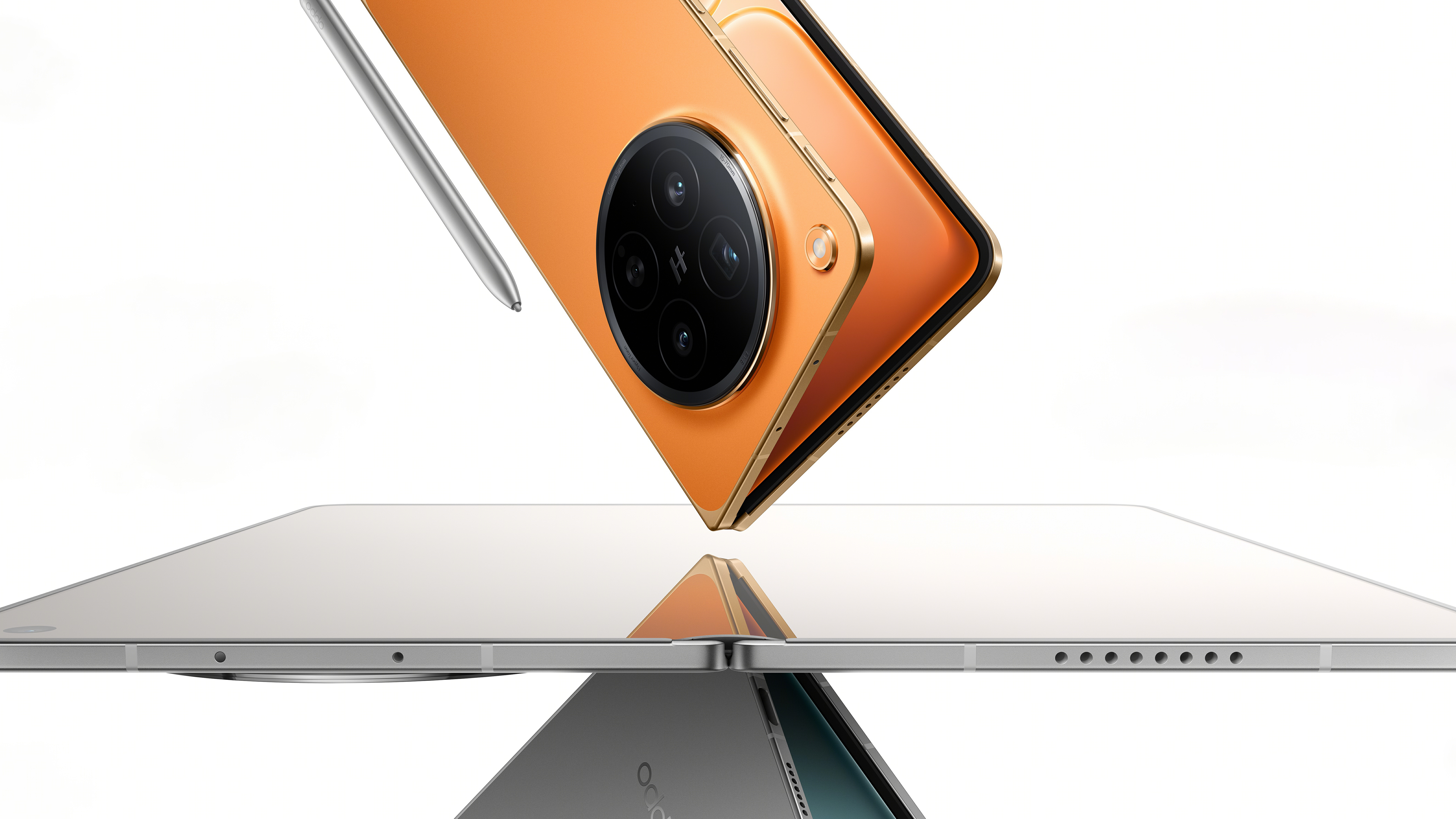 Product image of an Oppo Find N6 in Blossom Orange above an unfolded Oppo Find N6 screen in Titanium Grey