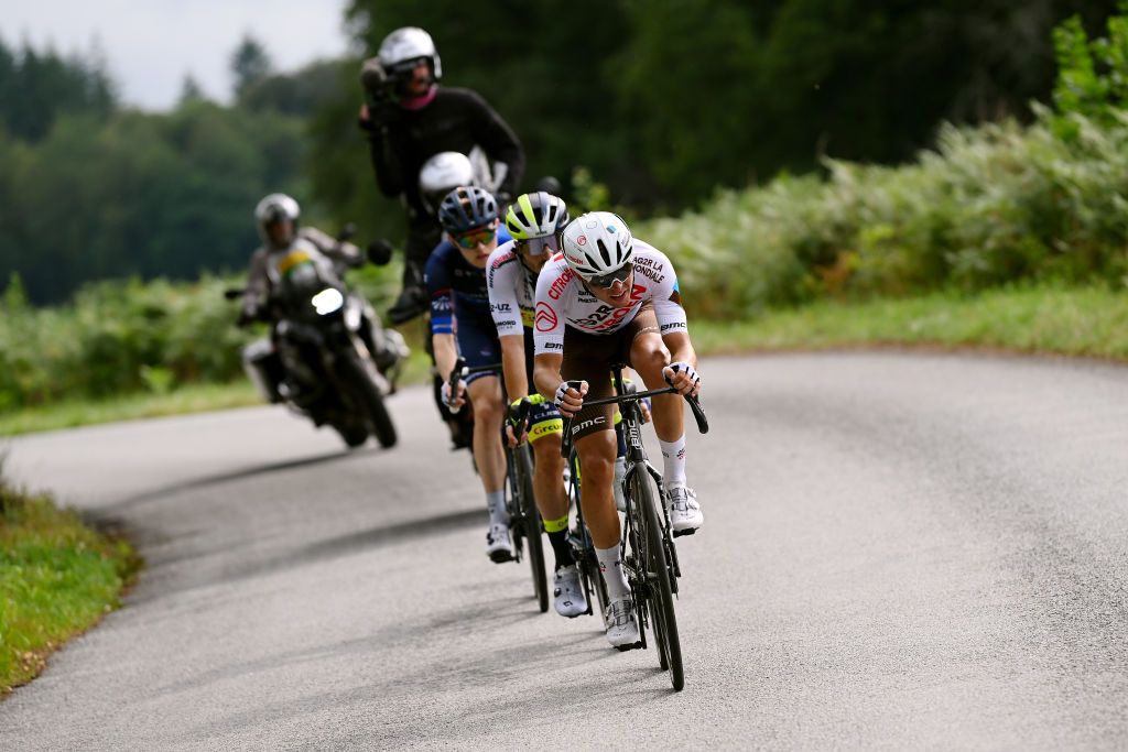BNVENTLABBAYE FRANCE AUGUST 15 Benot Cosnefroy of France and Ag2R Citron Team competes in the chase group during the 56th Tour du LimousinPerigord Nouvelle Aquitaine 2023 Stage 1 a 1657km stage from RilhacRancon to BeneventlAbbaye on August 15 2023 in BeneventlAbbaye France Photo by Dario BelingheriGetty Images