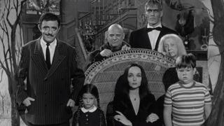 Carolyn Jones, John Astin, Jackie Coogan, Ted Cassidy, Blossom Rock, Lisa Loring, and Ken Weatherwax in The Addams Family