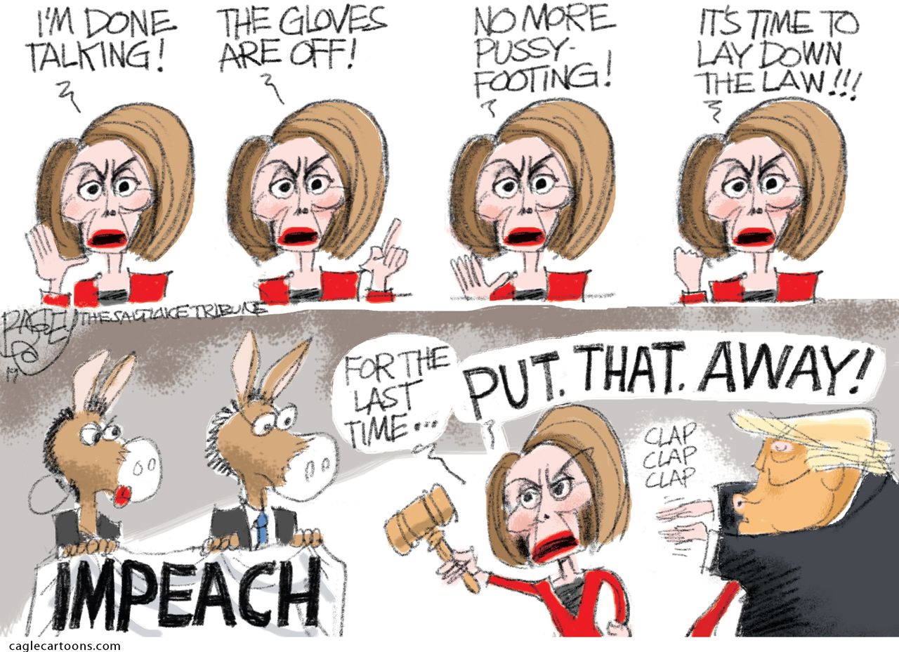 Political Cartoon U.S. Nancy Pelosi Reluctance to Impeach Tough Talking