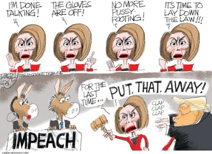 Political Cartoon U.S. Nancy Pelosi Reluctance to Impeach Tough Talking