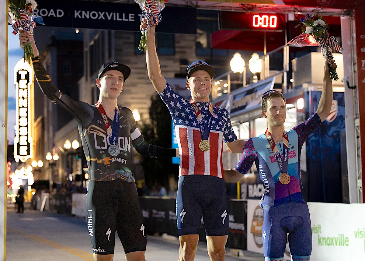 Men's Pro Criterium Podium (L to R): Gavin Hoover (L39ION of Los Angeles) second, Luke Lamperti (Trinity Racing) first, and Scott McGill (Wildlife Pro Cycling) third
