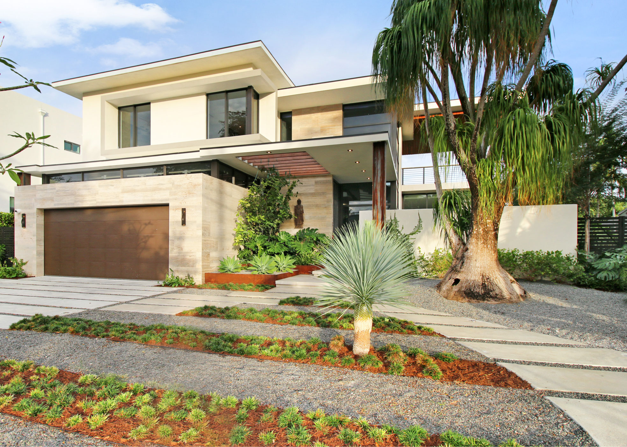 front yard landscaping with palm trees and the outside of a house