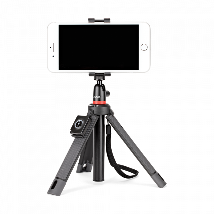 Joby Telepod Mobile holding an iPhone on a plain background
