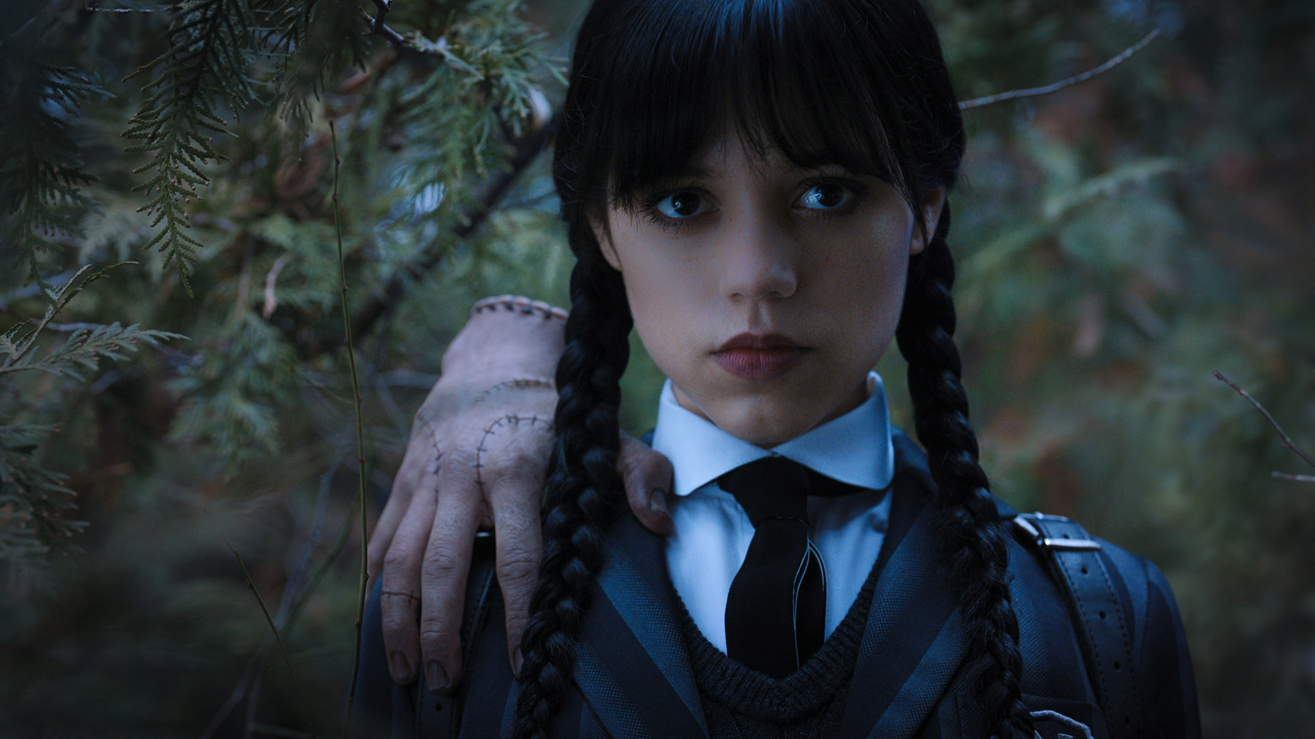 Un primer plano de Wednesday Addams, con Thing de pie sobre su hombro, en la serie de televisión de Netflix del miércoles.