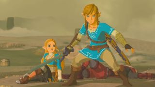 Link standing with sword drawn in front of Zelda in Legend of Zelda: Breath of the Wild