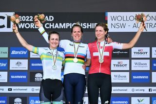 The women's elite time trial podium at the World Championships 2022