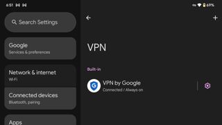 Picture of VPN by Google working in Pixel Tablet settings