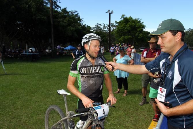 Jason English is interviewed after the race