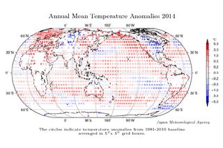 A comparison of 2014, the hottest year on record, and 1998, the previous record holder.