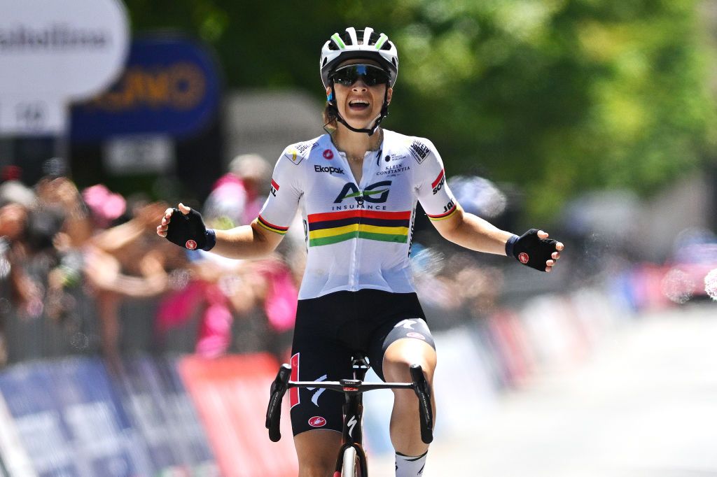 Kimberley Le Court of Mauritius and AG Insurance-Soudal Team celebrates at finish line as stage 8 winner at the 2024 Giro d&#039;Italia Women