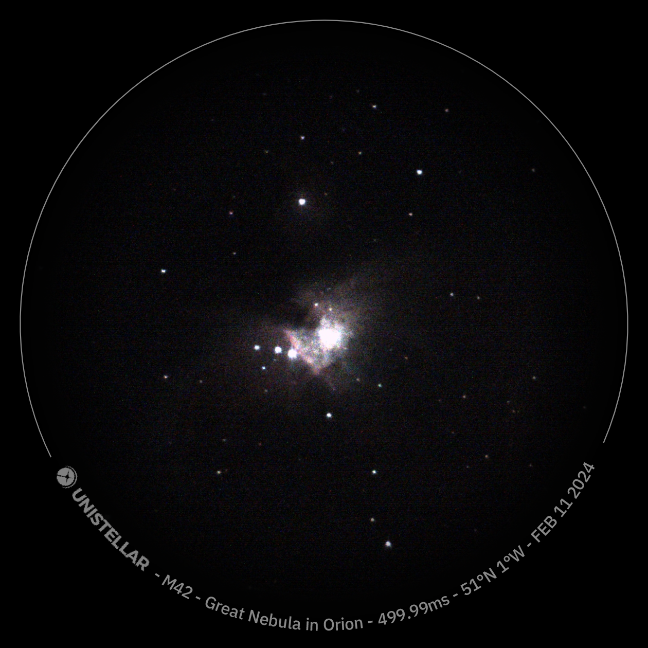 Undeveloped image of M42 Great nebula in Orion taken with the Unistellar Odyssey Pro