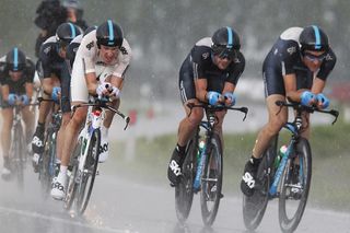 Team Sky racers were soaked through during the rainy stage four Giro d'Italia team time trial.