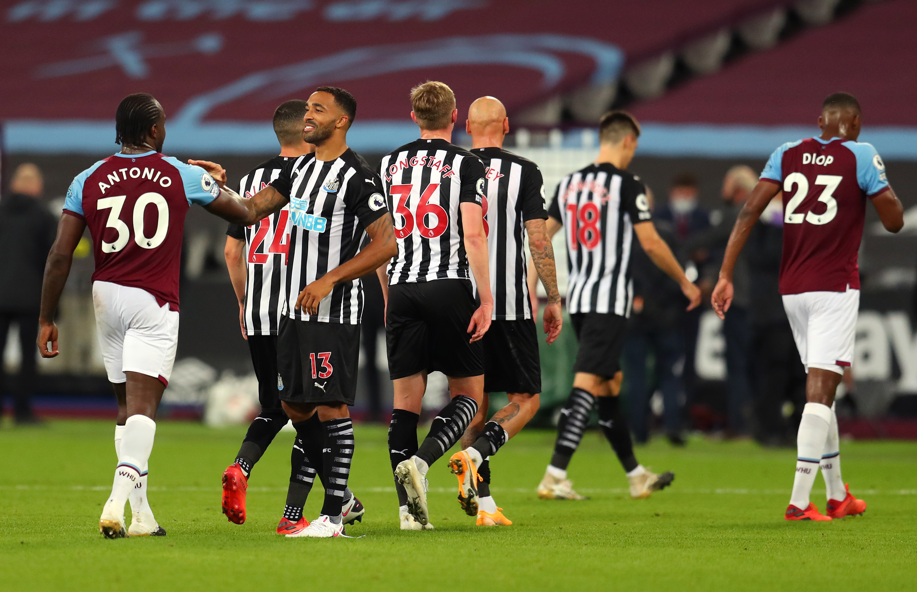 Michail Antonio and Callum Wilson embrace after West Ham host Newcastle in the Premier League