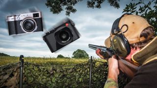 Composite photo of a clay pigeon shooter taking aim at a Fujifilm X100VI and Leica Q3 flying through the air