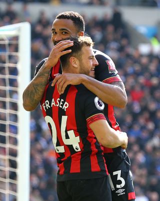 Callum Wilson, left, and Ryan Fraser celebrate a goal for Bournemouth