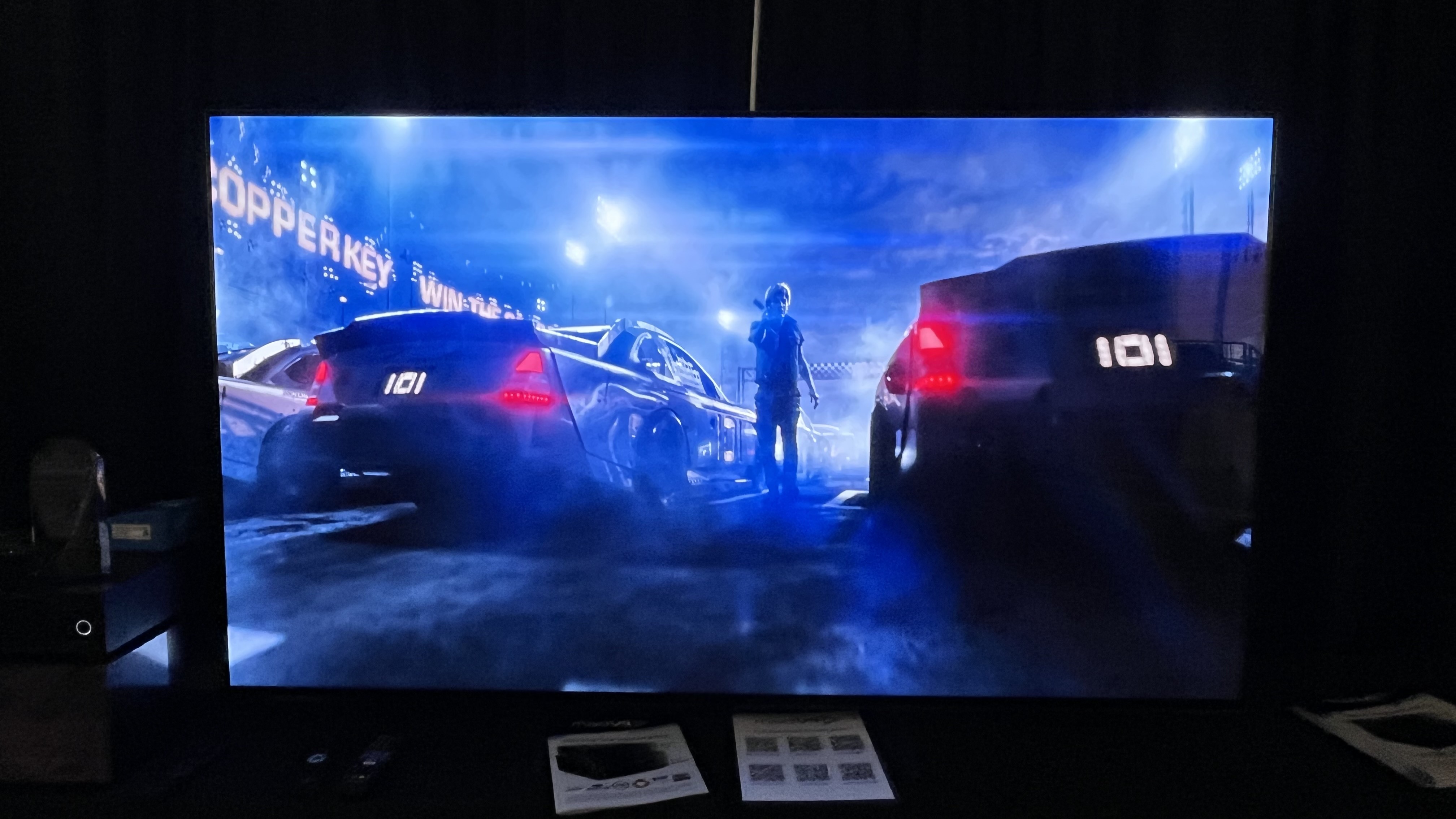 madVR Envy video processor showing stretched movie image on TV screen