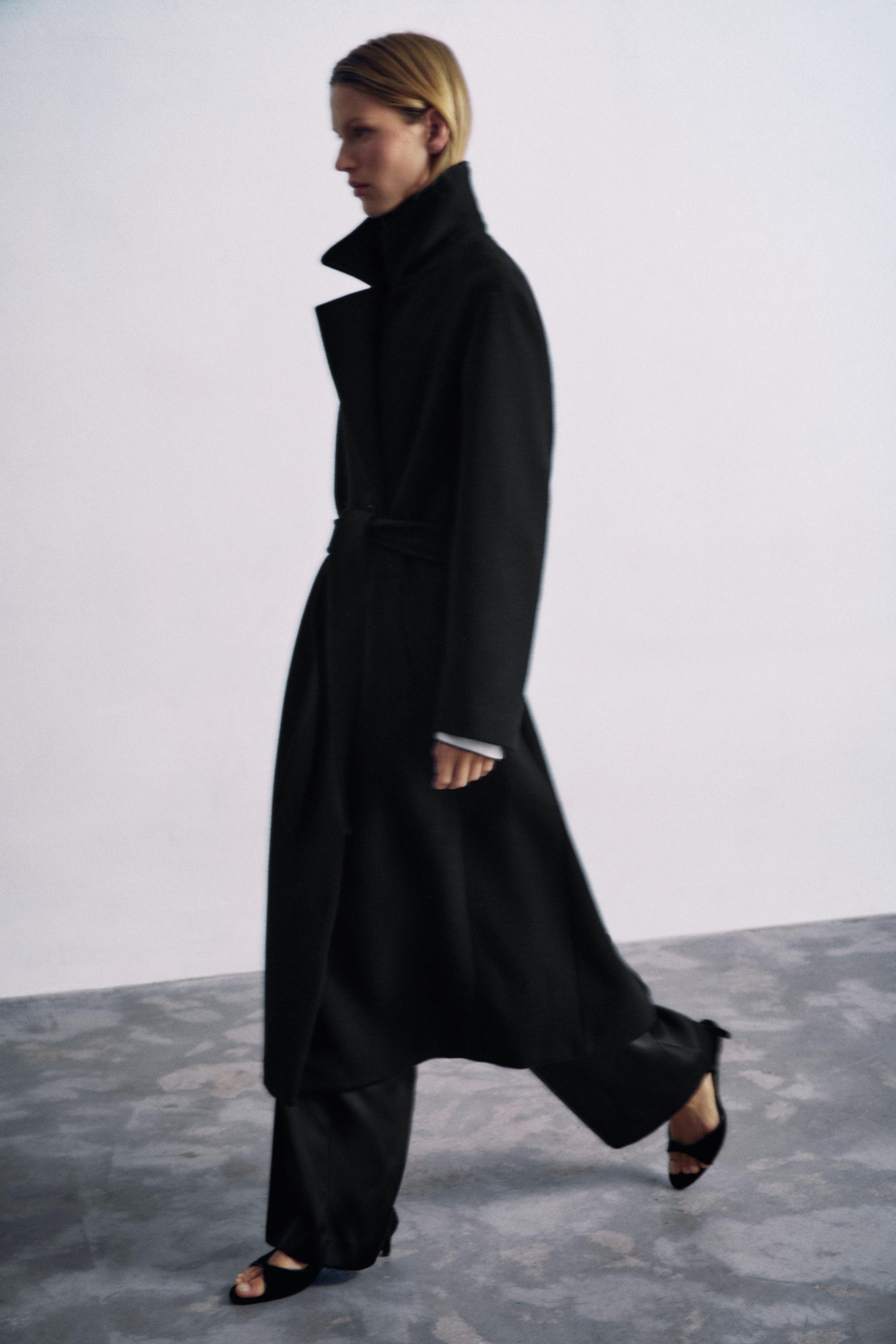 Long Wool Blend Coat With Belt - Black - Xs