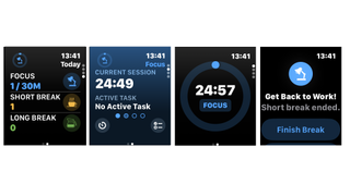 Screenshots of the Focus app on the Apple Watch.