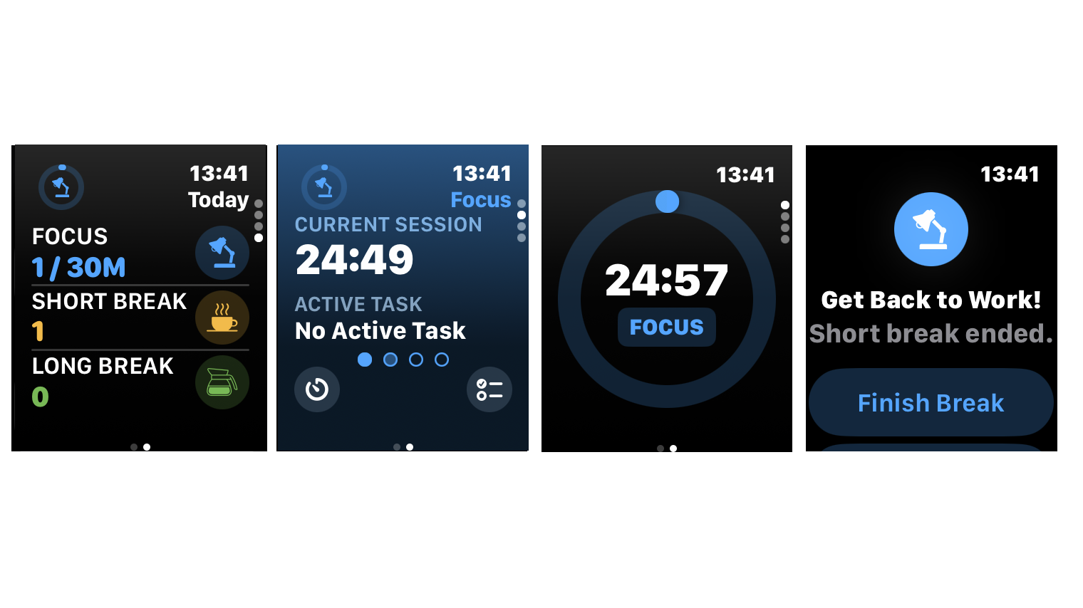 Screenshots of the Focus app on the Apple Watch.
