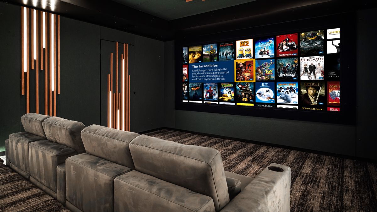 Home theater space showing comfortable seating and screen with Kaleidescape interface