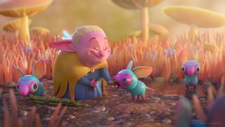 ZBrush for iPad; a colourful scene of an old lady feeding blue and purple sheep