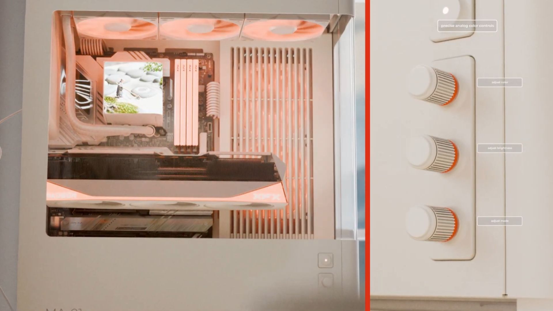 CyberPowerPC MA-01 pc case with a red tint, next to three knobs