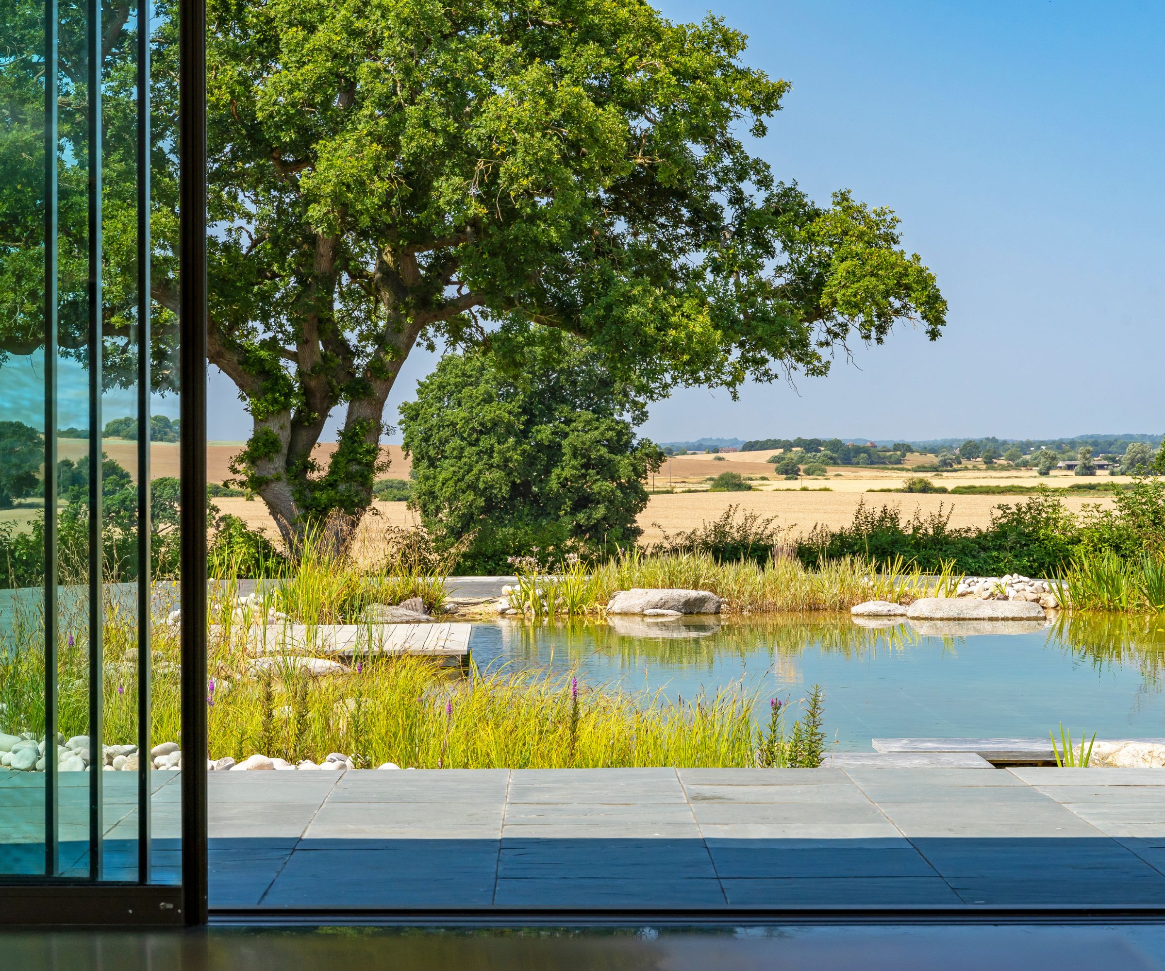 Modern patio view of a natural swimming pool blending into the countryside, with stepping stones, wild planting and scenic rural landscape.