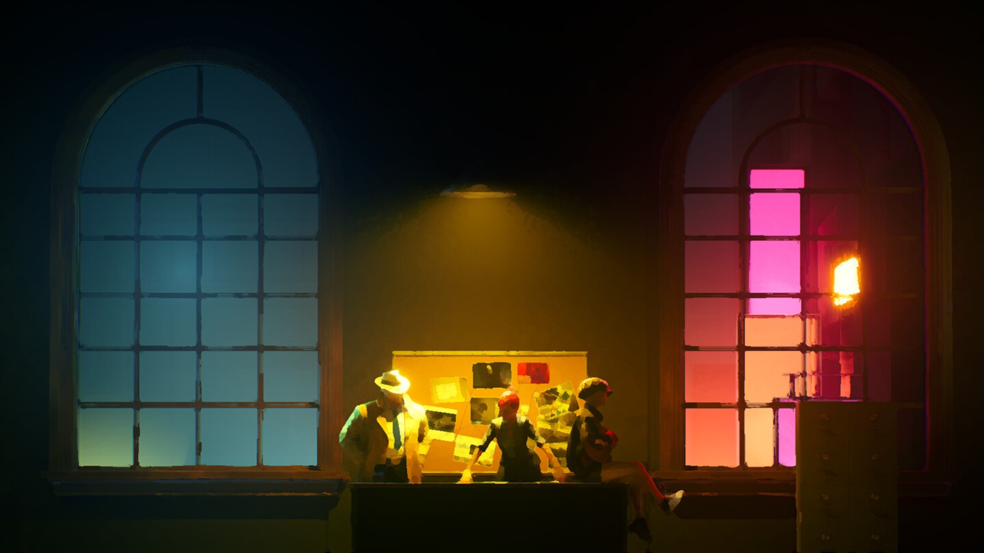 The Eventide screenshot showing detectives in a room lit by neon lights