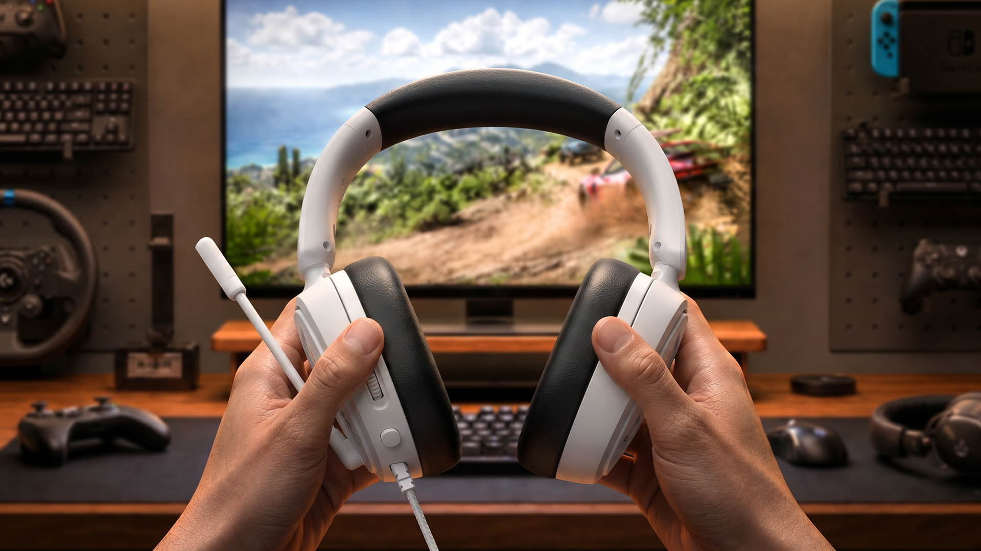 NUBWO HG04L gaming headset held up in front of a gaming pc monitor