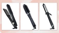 Collage of best ghd deals (L-R) ghd Max Wide, ghd Rise, Soft Curl Wand, on a pink watercolour background