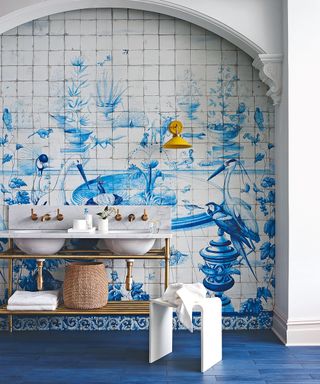 Parisian bathroom decor with tiled wallpaper