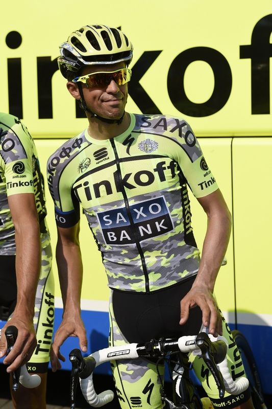 Alberto Contador models the fluo/camo Tinkoff-Saxo kit for the Tour