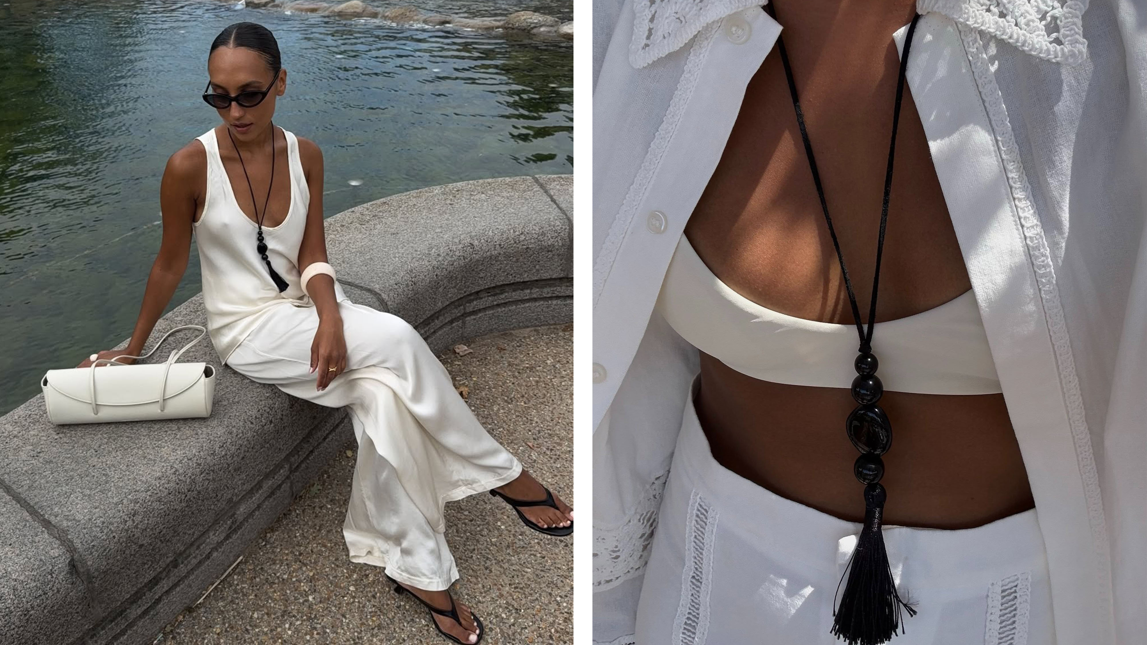 A woman in an elegant outfit wearing long necklaces