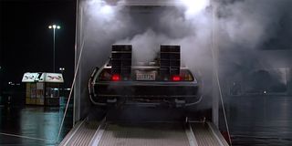 DeLorean Time Machine backs out of truck in Back To The Future