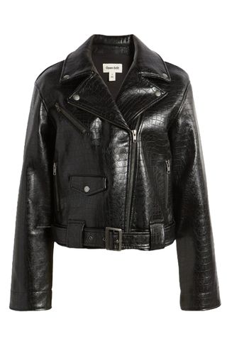 Belted Oversize Croc Embossed Faux Leather Moto Jacket