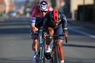 Jhonatan Narvaez on the attack with Mathieu van der Poel at Kuurne-Brussel-Kuurne