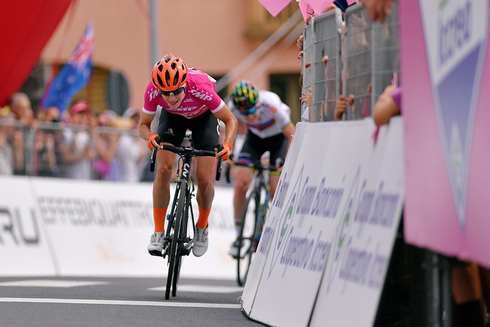 Marianne Vos (CCC-Liv) out-sprints world champion Anna van der Breggen (Boels Dolmans) on stage 7 at the Giro Rosa