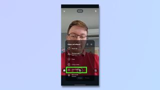 Screenshot showing steps to enabling Auto framing on a Samsung phone - Open Camera Effects Options in a Video Call