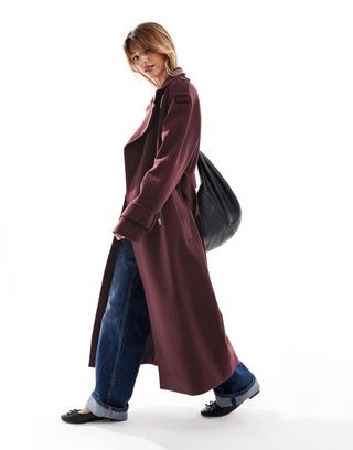 Asos Design Formal Faux Wool Trench Coat in Burgundy