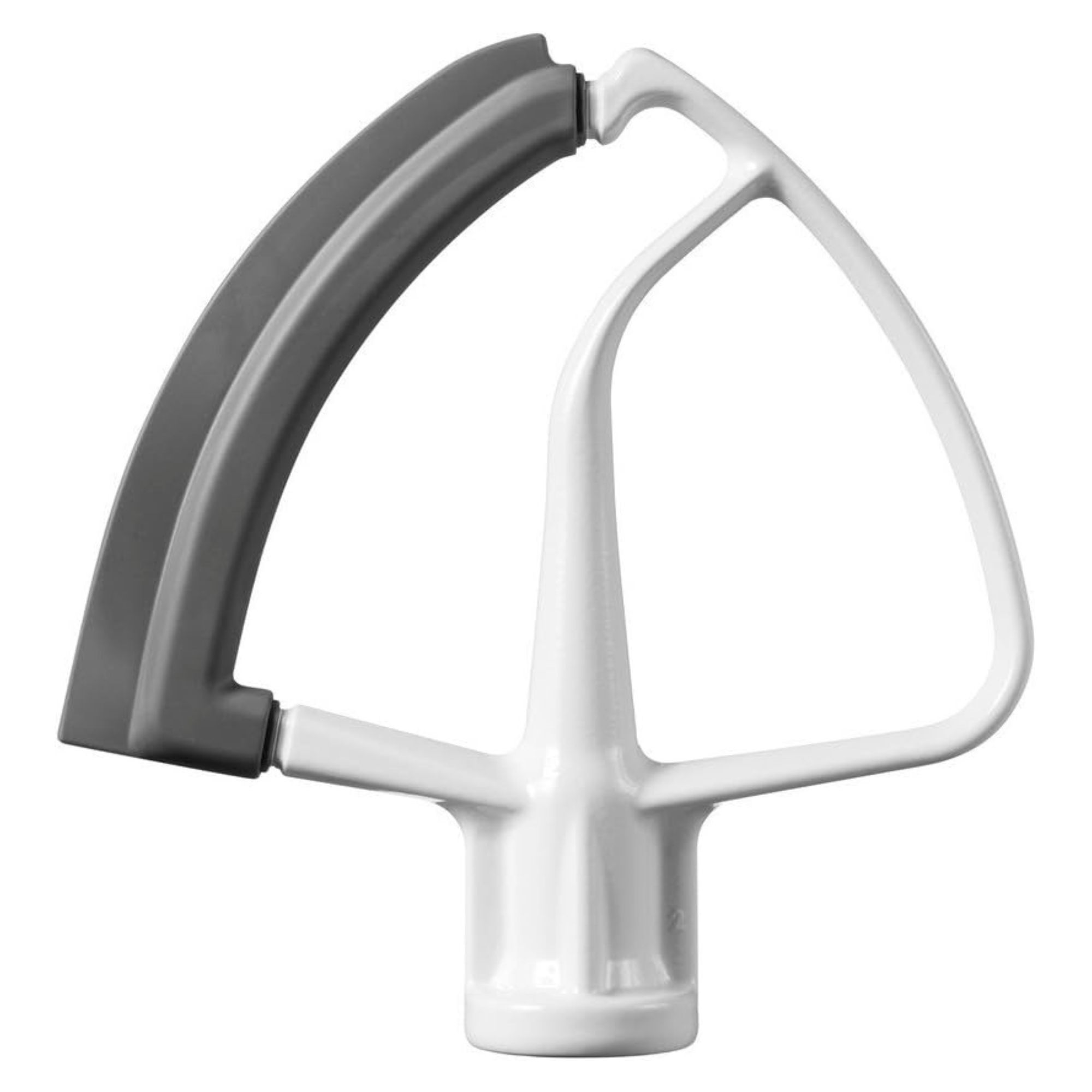 A white plastic kitchenaid paddle attachment with a grey silicone scraper edge.