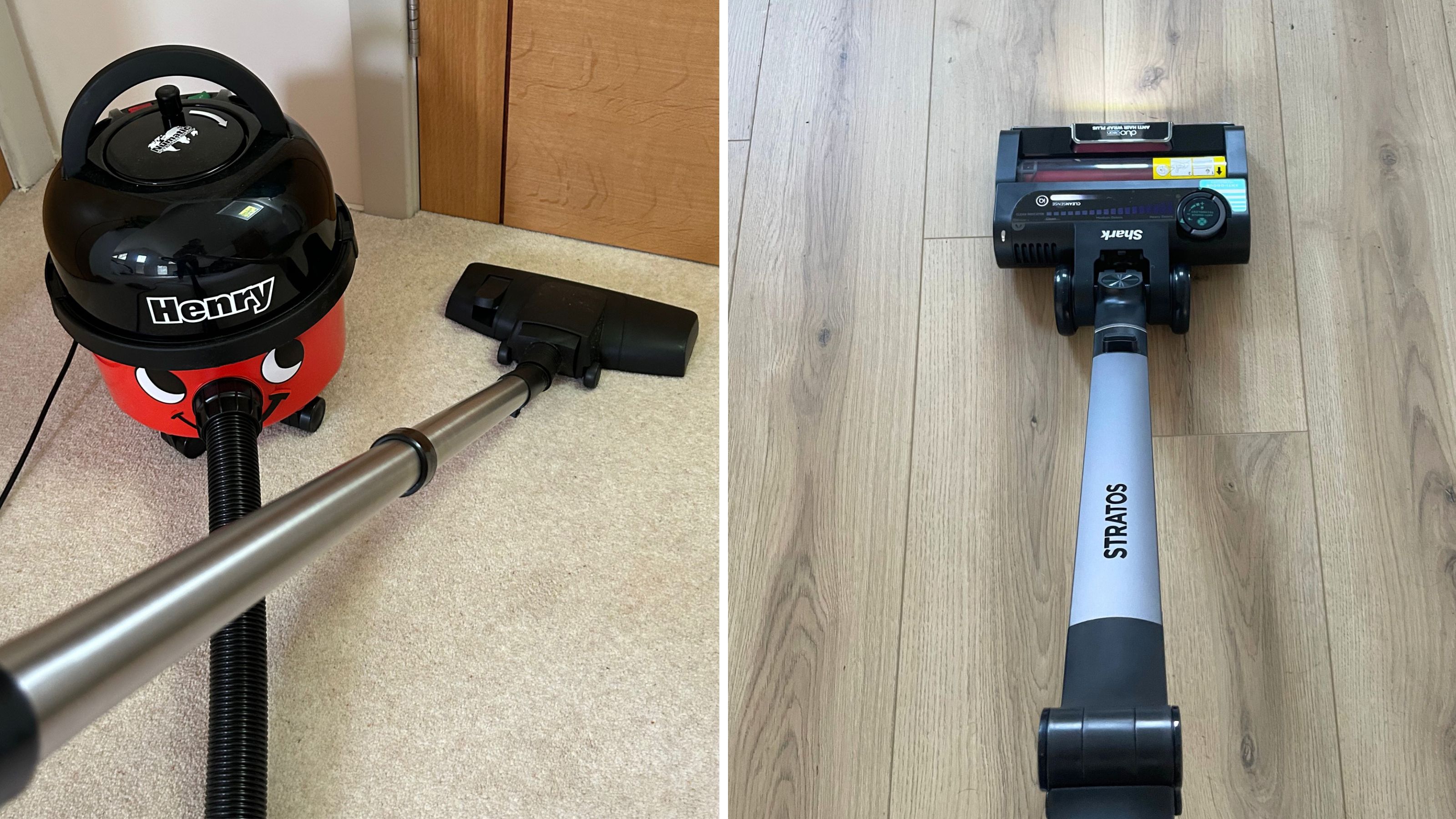 henry cylinder vacuum cleaning carpet next to a Shark stick vacuum cleaning hard flooring