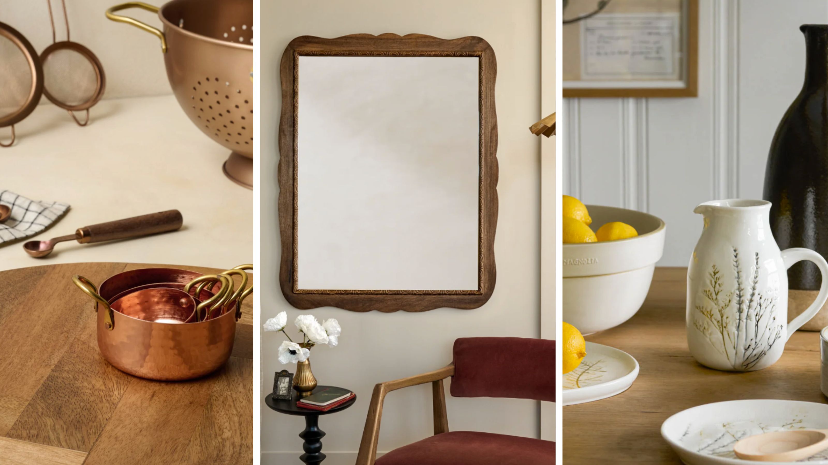 Side-by-side of the top three trends from Magnolia's spring 2026 collection, featuring a herringbone kitchen board, antiqued scalloped wall mirror, and pressed floral ceramics.