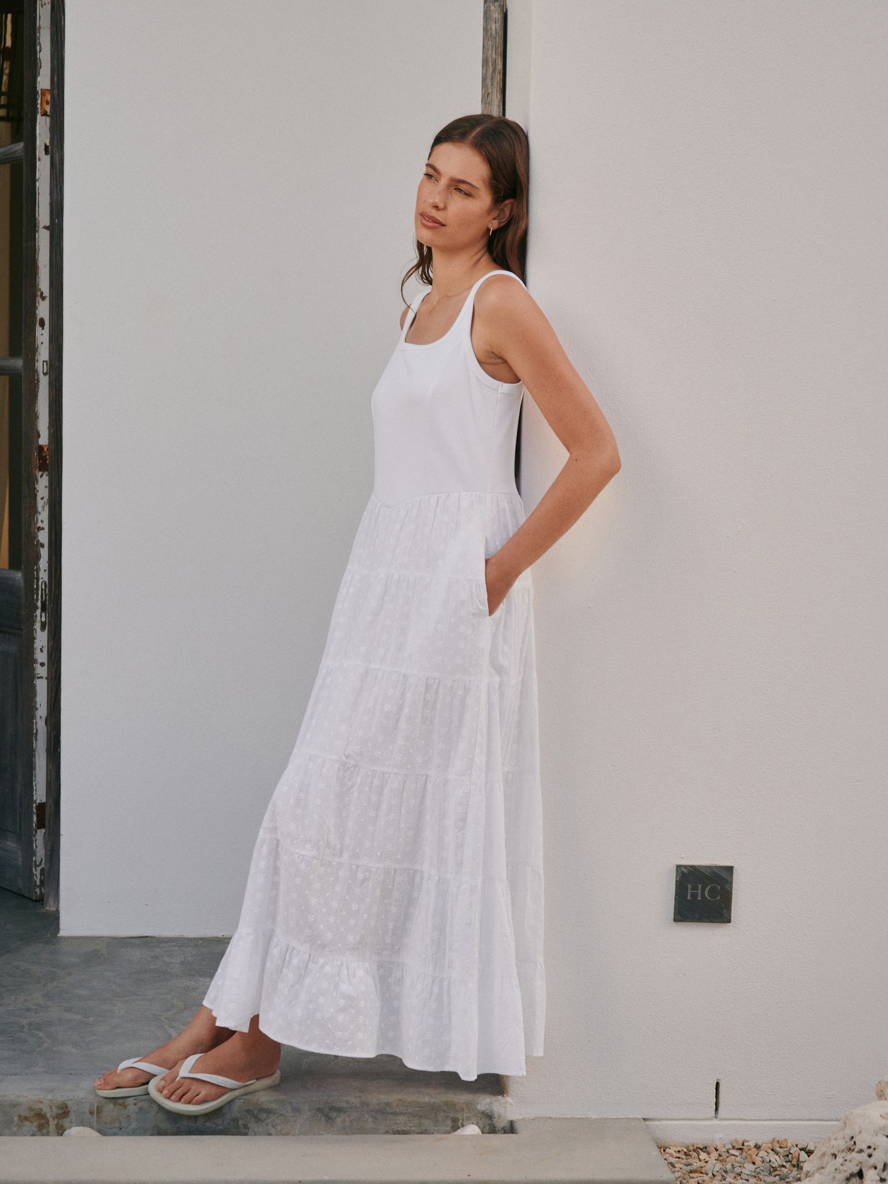 White Broderie Sleeveless Square Neck Ribbed Midi Dress - Size 6 R